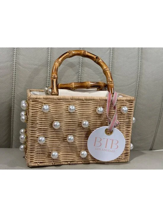 BTB Los Angeles Chloe Pearl Beaded Top-Handle Box Bag Handbag Raffia Tote Purse - Picture 5 of 14
